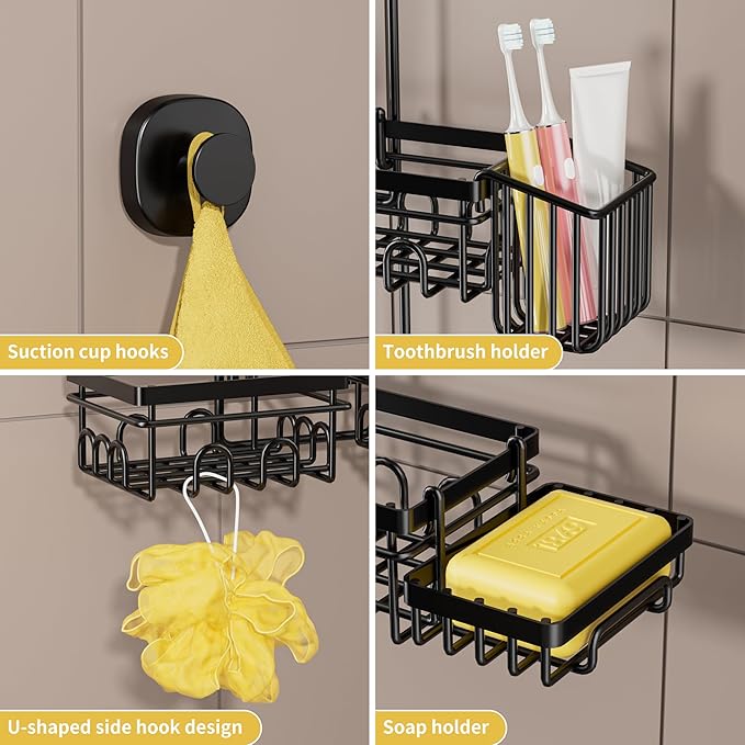 Shower Caddy Hanging - Shower Caddy for Handheld Shower Heads with Soap holder, Toothbrush Holder & Suction Hook, Universal 0.82-inch Fit with Non-Slip Rubber Pad, Black