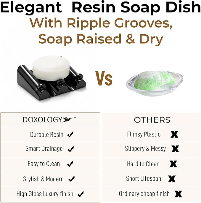 DOXOLOGY Black Marble Soap Dish Bathroom Organizer - Resin Soap Dish with Rectangular Design 3.7" L x 2.8" W - Self Draining Soap Dishes Keeps Countertop Neat - Marble Look Soap Tray for Sink