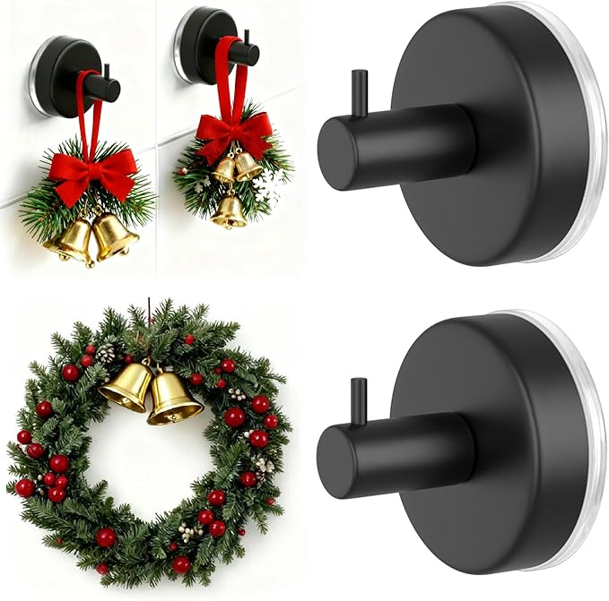 HUFEEOH 2 Pack Wall Hooks Shower Towel Hook Towel Holder for Hanging, Removable Towel Suction Cup Hooks Bathroom Towel Hook for Towels (Black)