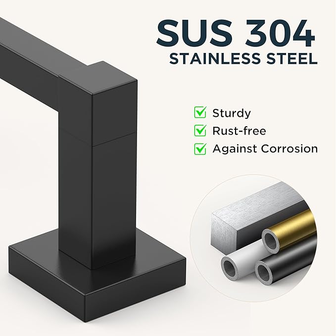 FORIOUS Toilet Paper Holder Wall Mount and Hand Towel Ring Set, SUS 304 Stainless Steel Double Post Pivoting Tissue Roll Holder, Modern Bathroom Hardware Accessories Set, Matte Black (Pack of 2)