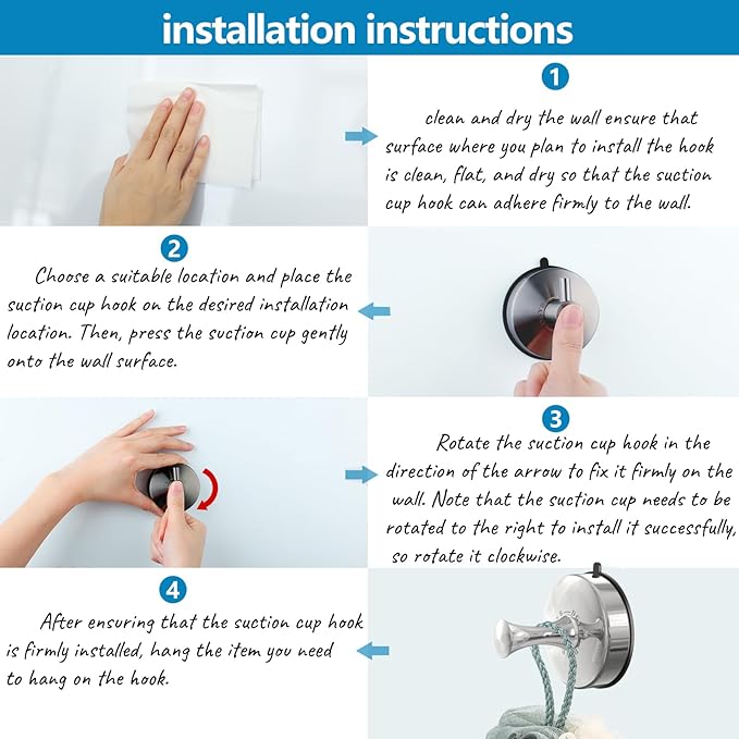 DGYB Suction Cup Hooks for Shower Set of 4 Removable Stainless Steel Towel Hook for Bathroom Glass Window Door Wall and Suction Wreath Hook for Hanging Robe, Loofah, Coat - Chrome