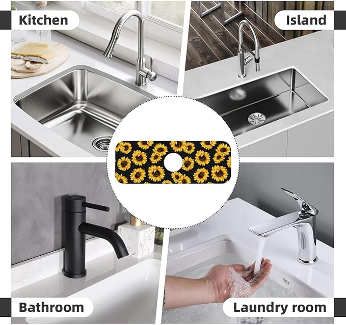 Sunflowers Black Vintage Paingting Kitchen Sink Splash Guard Faucet Mat 1 Pcs, Absorbent Fast Drying Mat Gadgets Splash Guard For Bathroom 15 X 5.5 Inches