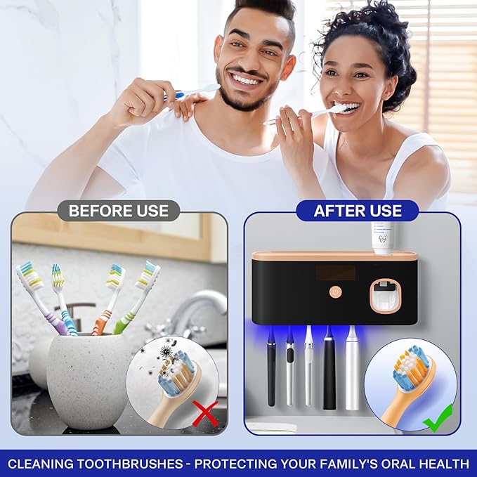 Smart Toothbrush Holder for Bathroom with Toothpaste Dispenser, USB Charging with 5 Toothbrush Slots for Family (Black)
