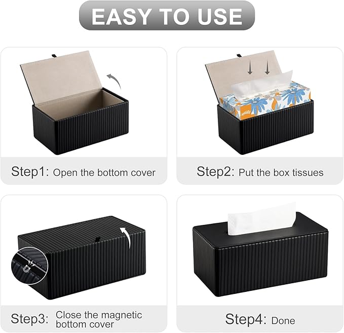 KINGFOM PU Leather Tissue Box Cover Rectangular Tissue Box Holder with Magnetic Bottom, Napkin & Facial Tissue Holder Dispenser for Home, Office (Decorative Pattern-PU Leather, Black Stripe)