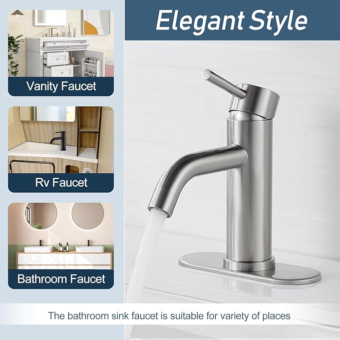 Bathroom Faucets One Hole Modern Sink Faucet Brushed Nickel, Single Handle Rv Bathroom Faucet with 3 Hole Deck Plate, Water Supply Lines