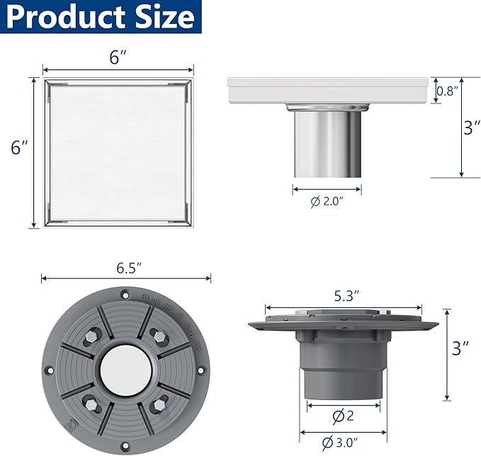 Neodrain 6-Inch Square Shower Drain with Tile Insert Grate, Professional Brushed 304 Stainless Steel Rectangle Shower Floor Drain Manufacturer, Floor Shower Drain with Shower Drain Base