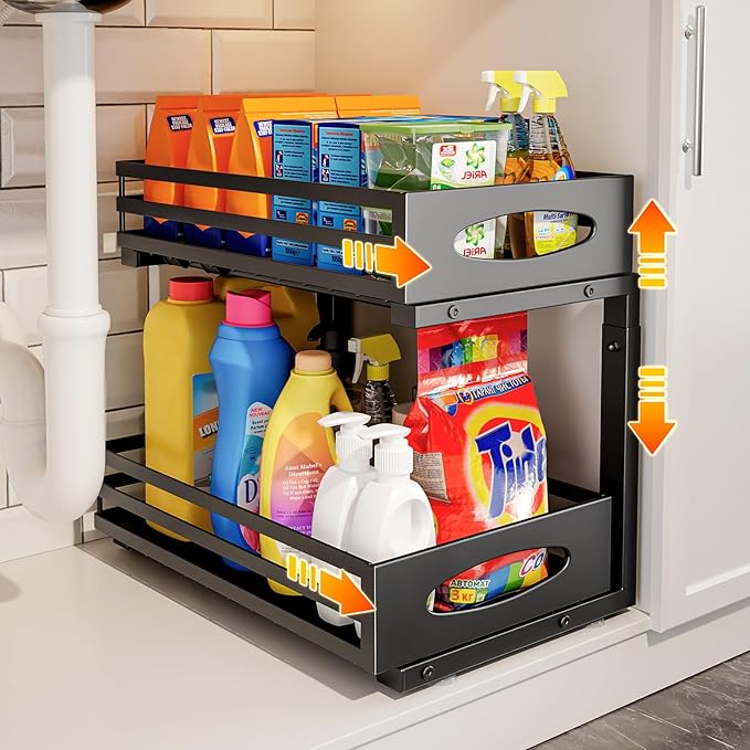 Under Sink Organizer, 2 Tier Under Sink Organizers and Storage, Adjustable Height, Slide out Metal Cabinet Organizers, Pull out Cabinet Storage Drawer Shelf for Kitchen Bathroom