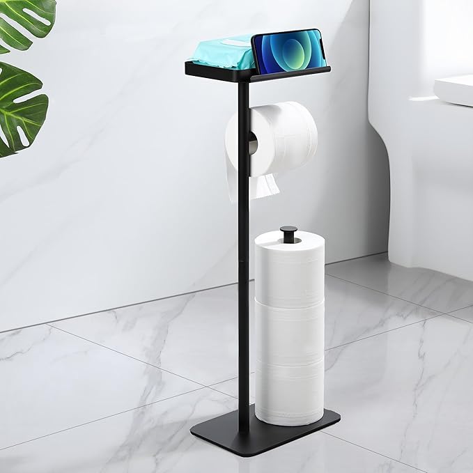 Toilet Paper Holder Stand with Phone Shelf, Rustproof Free Standing Toilet Paper Stand for 4 Rolls, Toilet Roll Dispenser Storages for Phones, Wipe, Wallet and Small Items, Black