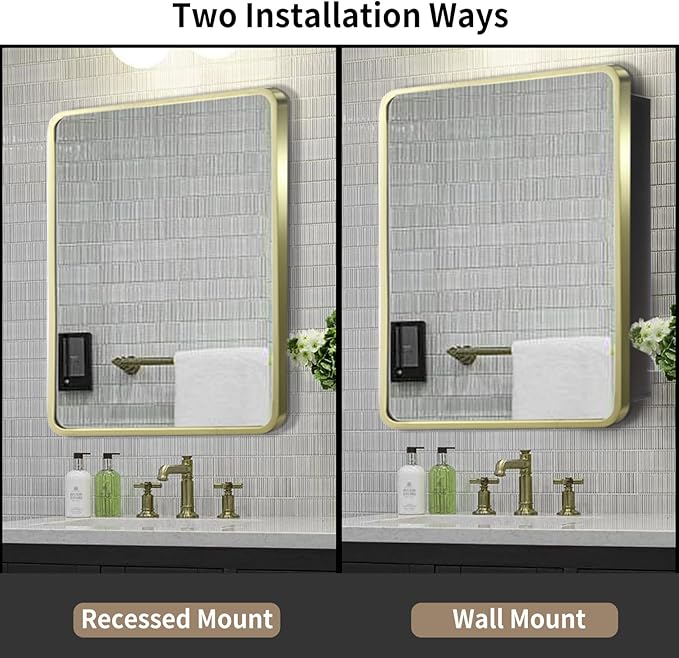 Movo Gold Metal Framed 24 Inch x 30 Inch Bathroom Medicine Cabinet with Mirror Aluminum Farmhouse Vanity Mirrors Recess or Surface Mount Installation