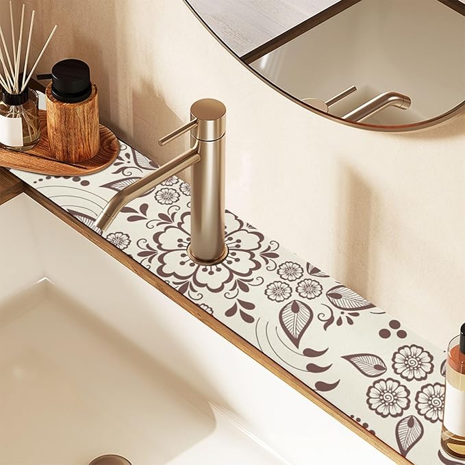 Kitchen Faucet Absorbing Mat Sink Splash Guard Behind Faucet Drip Catcher Trimmable for Bathroom RV Bar 30x5.4in 1PCS Arabesque Retro Floral