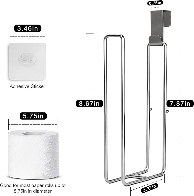 Bathroom Toilet Paper Holder with Storage Extra 2 Rolls, Over The Tank Toilet Paper Holder Wall Mount, Small Restroom Organizer, Adhesive RV Tissue Storage, Stainless Steel, Silver, 1PC