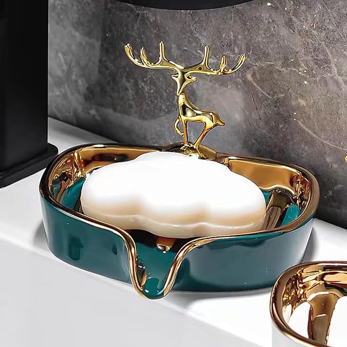 Soap Dish, Luxurious Ceramic Soap Dish Self Draining Soap Holder Tray Easy Cleaning Soap Saver for Shower Bathroom Kitchen Sink Bathtub Hotel Travel(Green Painted in Gold)