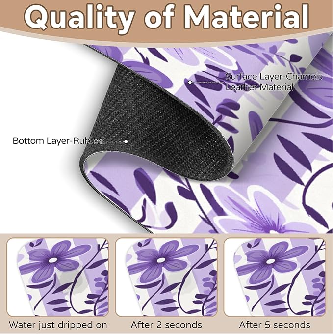 Purple Floral Stripe Kitchen Faucet Mat Splash Guard, 15.4”x5.7” Absorbent Quick Drying Sink Mat for Countertop Protection, Draining Mat Sink Protectors For Kitchen Bathroom, 2 Pack