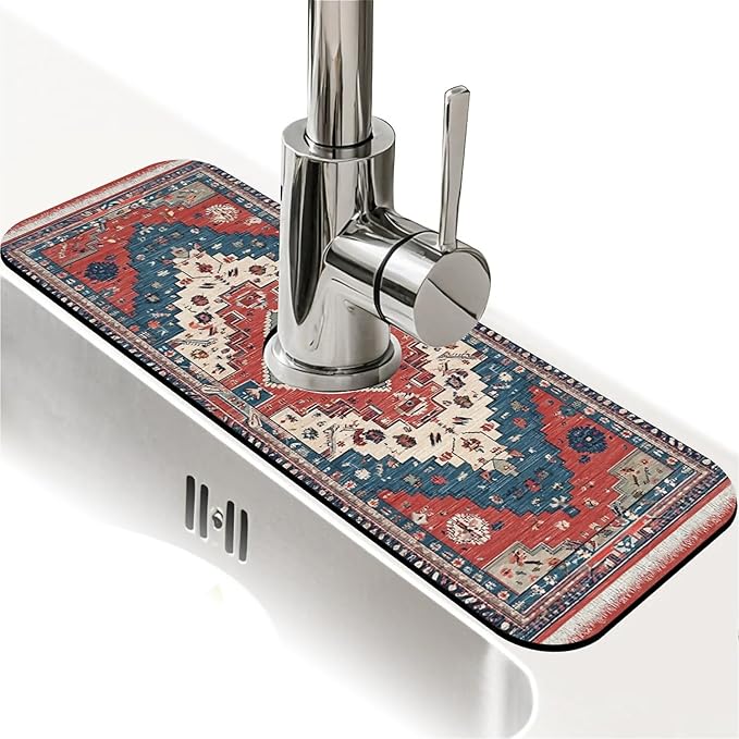 Kitchen Sink Splash Guard，Rhombus shaped geometric Faucet Mat Sink Gadgets-Super Absorbent Fast Drying Mat Drip Catcher for Kitchen, Bathroom,Sink Mat, Dish Drying Mat, Bathroom(15" X 5.5" )