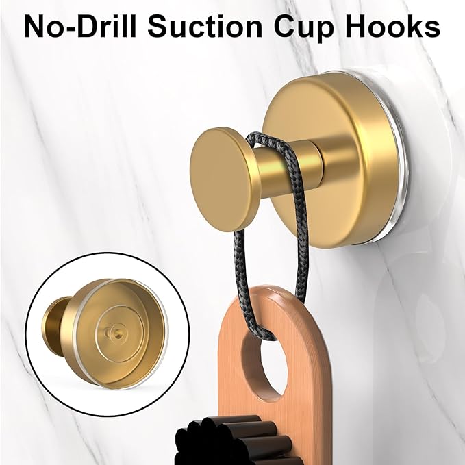 HUFEEOH 4 Pack Shower Suction Cup Hooks - Heavy Duty Gold Bathroom Holder for Towels, Robes & Accessories, Removable Vacuum Hooks for Glass, Tile, Mirror, Inside Shower - No Drill Strong Hold
