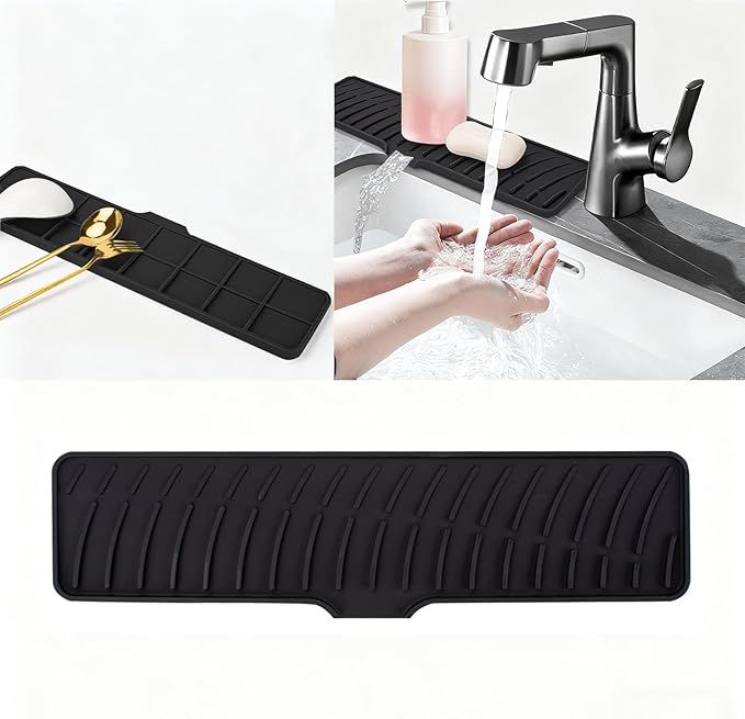 Silicone Faucet Mat for Kitchen Sink Bathroom Faucet Pad Sink Splash Guard Soap Sponge Holder Dish Drying Mat Double Side Available 2in1 Drainer Mat Heat-resistant 16.54x3.94in Black