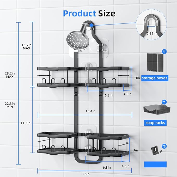 GearFusion Aluminum Alloy Shower Caddy Hanging, No Drilling Over the Shower Head Caddy, 2 Levels Showers Rack Organizer with Hooks, Razor Holder, Soap Holder