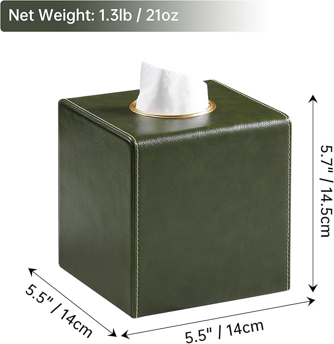 Square Tissue Box Cover, Luxury PU Leather Tissue Holder with Magnetic Closure (Dark Green)