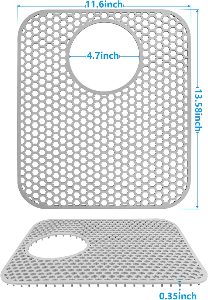 Sink Protectors for Kitchen Sink,2 PCS Silicone Kitchen Mat 13.58"x11.6",Non-Slip Bottom Guard Compatible with Farmhouse/Stainless Steel/Porcelain(Grey, Rear Drain)