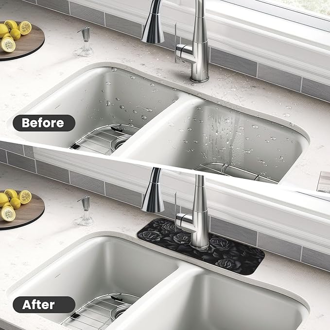 Black Rose Floral 15" X 5.5" Kitchen Sink Splash Guard, Faucet Guard Draining Mat, Faucet Suction Pad For Kitchen Bathroom