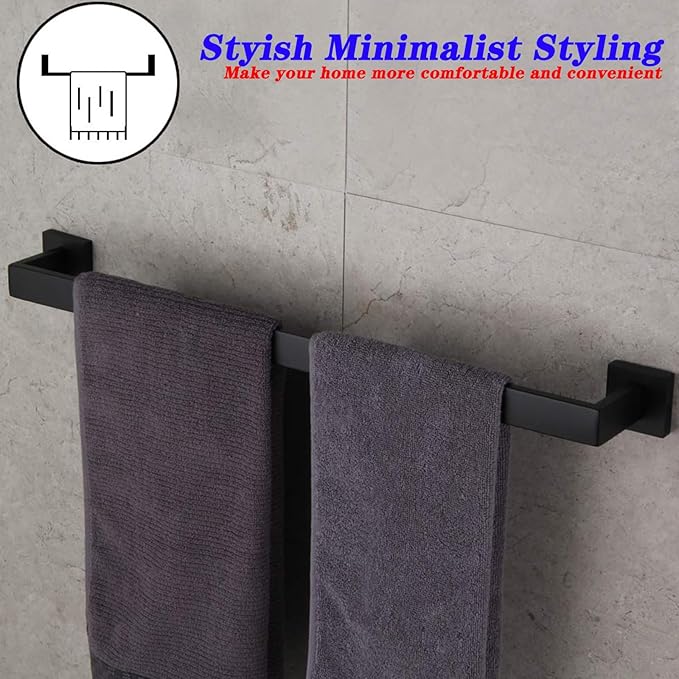 GERZWY 24 Inch Contemporary Style Bathroom Towel Bar Stainless Steel Bath Towel Rack Wall Mount Matte Black FG160160-BK