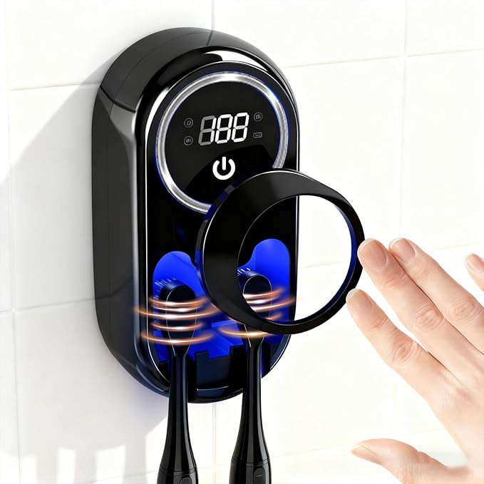 Smart Electric Toothbrush Holders for Bathrooms,Travel Toothbrush Holder with Motion-Sensing Cover,Auto-Clean & Instant Dry,2 Brush Slots,LED Display & USB Rechargeable (Black)