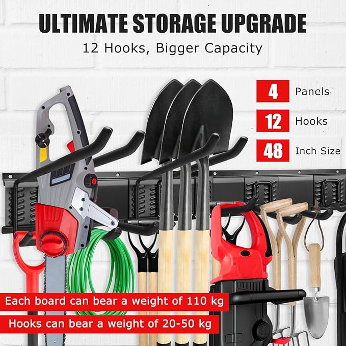 64 Inch Garage Tool Organizers Storage Rack System with 12 Adjustable Hooks Carbon Steel Wall Mount Tool Organizer for Garage Shed Yard Broom Shovel, Rakes, Ladders and Power Tool Holder