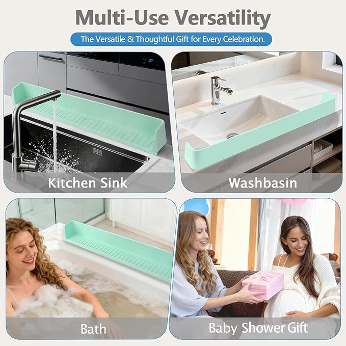 2.6-Ft Bathtub Splash Guard for Tub Kids, Silicone Splash Shield with 11 Suction Cups, Toy Tray Shelf, No Spill Water Barrier, Prevents Mess, Fun Bathtime for Toddlers Baby–Green