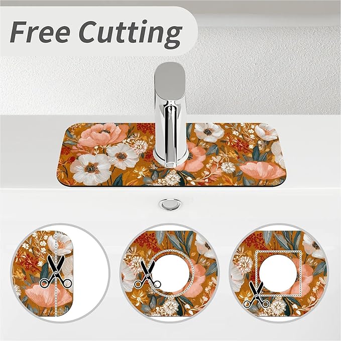 Kitchen Sink Splash Guard，Soft hues floral Faucet Mat Sink Gadgets-Super Absorbent Fast Drying Mat Drip Catcher for Kitchen, Bathroom,Sink Mat, Dish Drying Mat, Bathroom(15" X 5.5" )