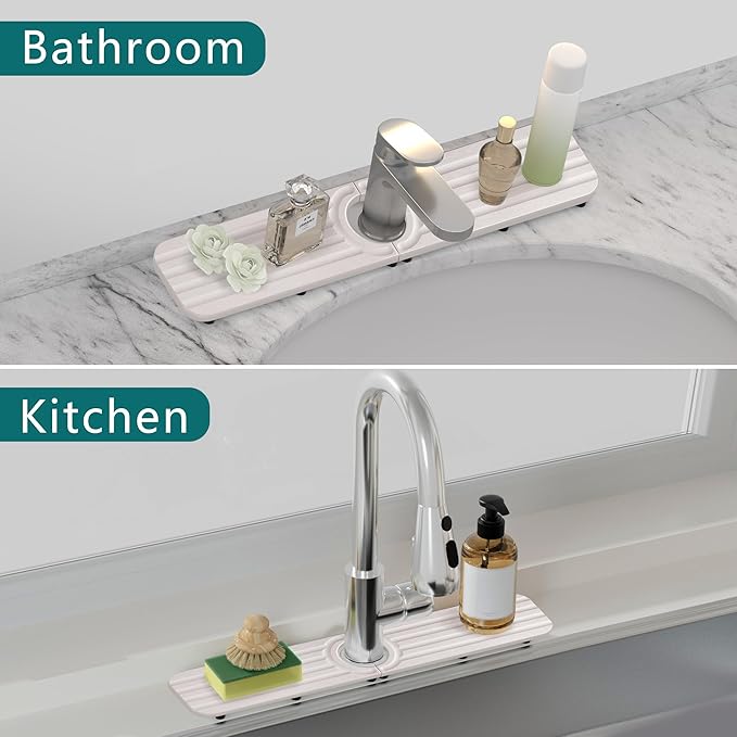 Faucet Mat for Kitchen Sink - 20 x 4inch Faucet Splash Guard for Bathroom Counter, Absorbent Diatomite Mat, Fast Drying Stone Sink Tray, Prevents Moisture Buildup, White