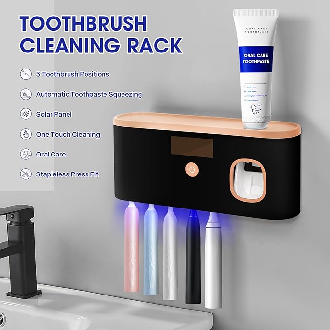 Smart Toothbrush Holder for Bathroom with Toothpaste Dispenser, USB Charging with 5 Toothbrush Slots for Family (Black)