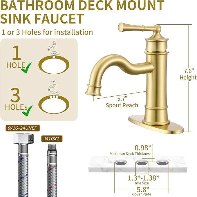 Roman Bathroom Sink Faucet Single Hole Deck-Mount Pop-up Drain Assembly with Overflow Deck Plate and Water Supply Lines Included (Vanity Sink Faucet, Light Gold)