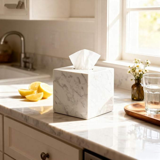 Natural Marble Tissue Box Holder Cover, Square Cube Tissue Box Holder with Open Bottom for Bathroom Vanity Tops, Bedroom Dressers, Kitchen Countertop, White Tissue Box(NS021)
