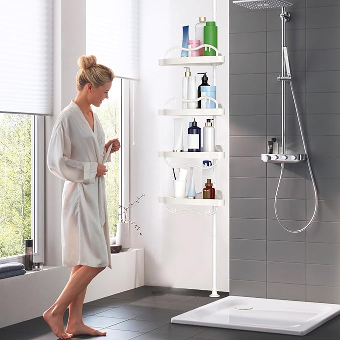 White Corner Shower Racks for Inside Shower - Heavy Duty Rustproof Stainless Steel Stand Shower Organizer with 4 Adjustable Shelves,No-Drill Free Standing for Bathroom, Bathtub,54" to 114" Tall