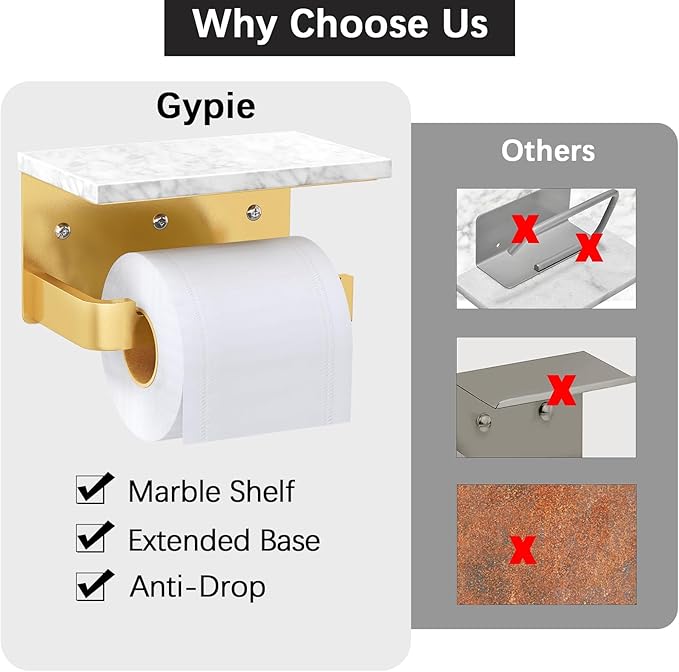 Toilet Paper Holder with Shelf, Extended Base Wall Mounted, Marble Toilet Roll Holder Black for Bathroom Washroom Gold