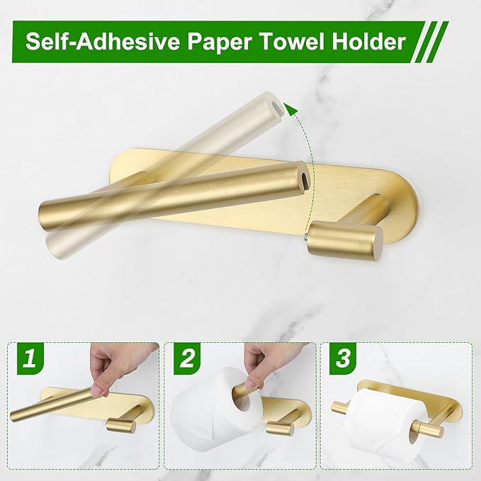 2 Pieces Self Adhesive Brushed Gold Toilet Paper Holder, Commercial Toilet Paper Dispenser Toilet Roll Holder, Double Base Paper Towel Holder Wall Mount No Drilling for Bathroom, Kitchen