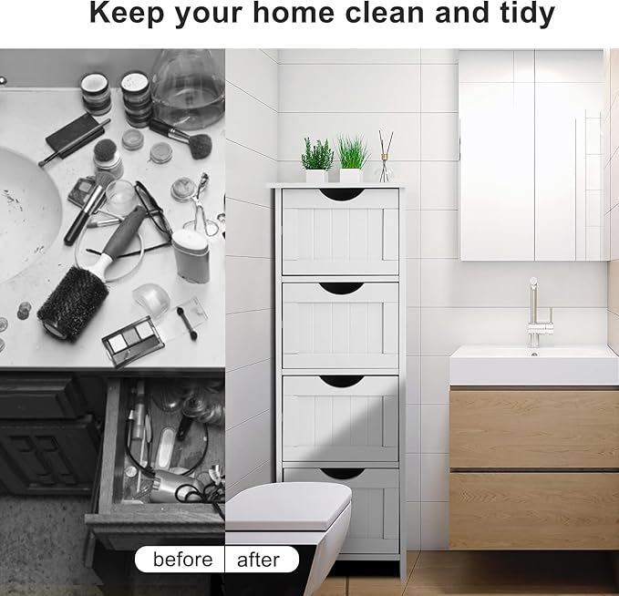 VINGLI White Bathroom Storage Cabinet with 4 Drawers Wooden Freestanding Slim Bathroom Floor Cabinet Small Side Organizer Storage Unit for Restroom Livng Room Kitchen Office Hallway Entryway