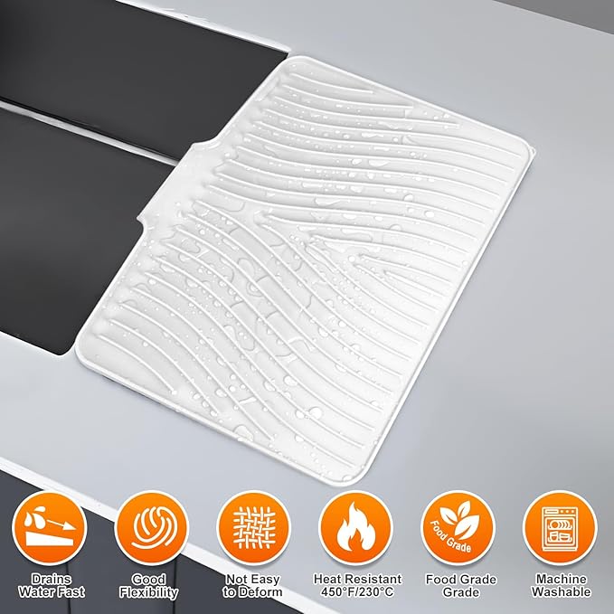 Silicone Dish Drying Mat for Kitchen Counter, Dish Drying Pad, Non-Slip Drain Pad with Built-in Drain, Heat Resistant Stone Drying Mat, Ivory-1Set