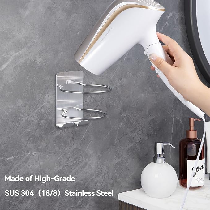 Hair Dryer Holder Wall Mount, Blow Dryer Holder Self Adhesive, SUS 304 Stainless Steel, Bathroom Hair Tool Organizer Rack, Silver