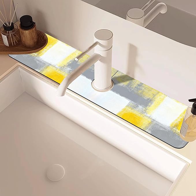 Grey and Yellow Abstract Kitchen Sink Splash Guard Mat Absorbent Fast Drying Mat Faucet Draining Mat Sink Splash Guard Behind Faucet Drip Catcher for Kitchen Bathroom 5.5"×24"