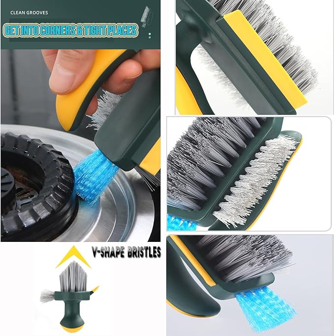 4-in-1 Grout Brush with Squeegee,Durable Bristles,Heavy-Duty Scrub Brushes for Cleaning with Stiff Bristles Cleaning Brush for Bathroom & Kitchen,Tile Floors Bathroom Wall/Corner/Window (Green)