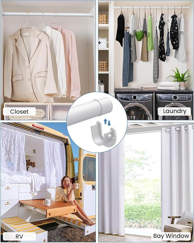 2 PACK Closet Rods for Hanging Clothes, 17 to 28 Inches Stepless Adjustable Metal Closet Rod, 1.3 Inches Heavy Duty Clothes Hanging Rod for Closet Wardrobes Laundry RV, White