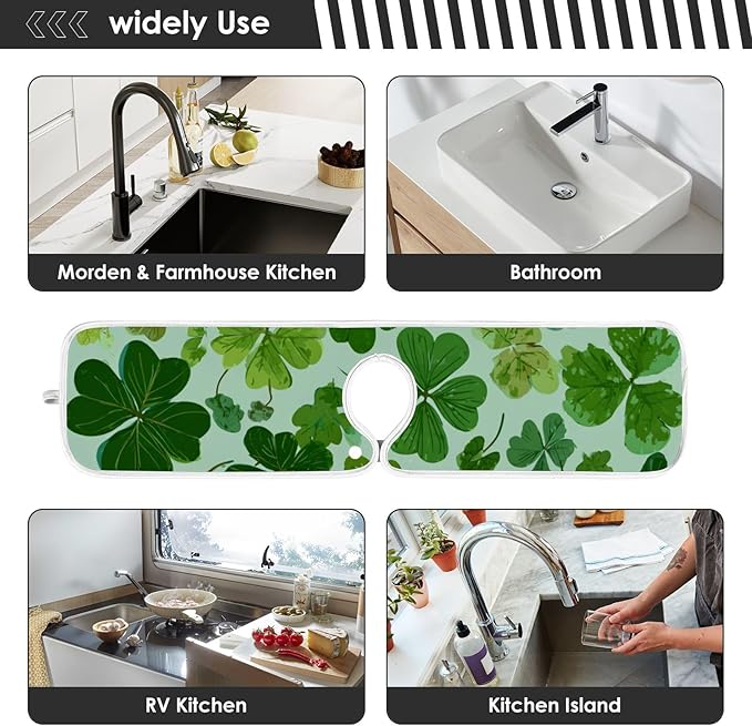 2 PCS Kitchen Sink Splash Guard 30 Inch Faucet Mat for Kitchen Sink Bathroom Sink Faucet Absorbing Drip Drain Mat Pad Microfiber Soft Washable Green St Patrick Clovers