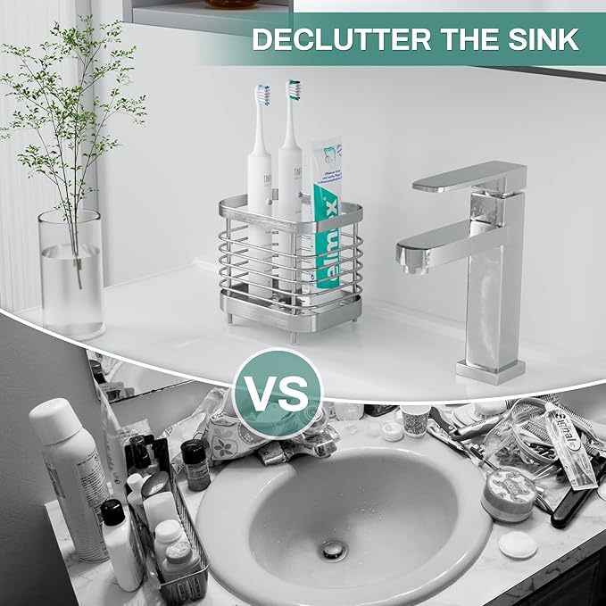 Countertop Toothbrush Holder for Bathroom, Stainless Steel Electric Tooth Brush Stand Storage Organizer with Drainage, Kids Toothpaste Holder Caddy, Silver Bathroom Sink Accessories Decor