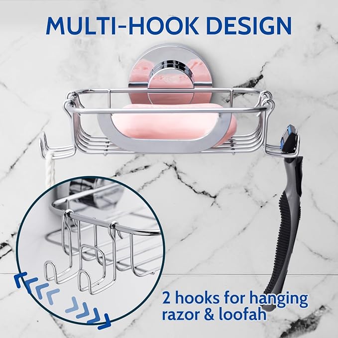 Soap Dish Soap Bar Holder Suction Cup with 4 Hooks, Stainless Steel Soap Saver Tray for Shower Wall, Bathroom, Kitchen, Rustproof No Drilling Bar Soap Holder, Silver