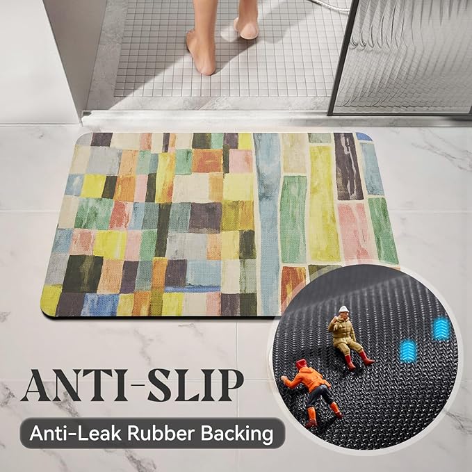MontVoo -Bath Mat-Non Slip Thin Bathroom Rugs Fit Under Door- Quick Dry Absorbent Faux Suede Surface Grey Bathroom Floor Mats-Shower Rug for in Front of Bathtub Shower Colorful Plaid 17x59