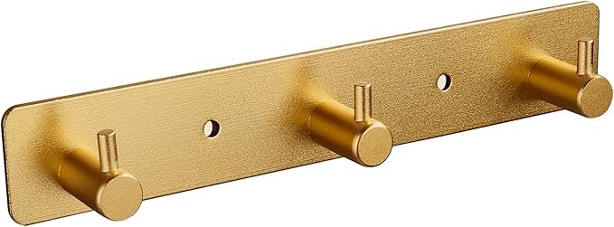 Adhesive Bathroom Gold Hook Rail, 3 Brushed Gold Wall Key Hooks Rack Hanger Towel Robe Stick Door Hooks for Bathroom Toilet Entryway Hallway Kitchen Wall Mounted