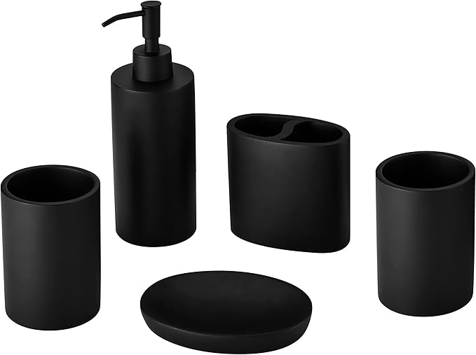 Matte Black 5 Piece Bathroom Accessories Set - Resin Countertop Kit with Soap Dispenser, Toothbrush Holder, 2 Tumbler Cups, Soap Dish
