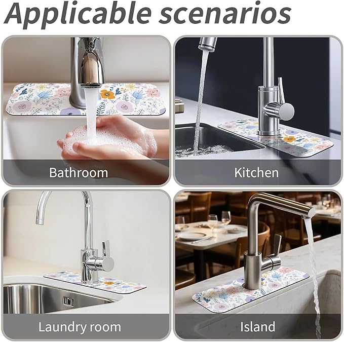 Kitchen Sink Splash Guard，Spring flowers Faucet Mat Sink Gadgets-Super Absorbent Fast Drying Mat Drip Catcher for Kitchen, Bathroom,Sink Mat, Dish Drying Mat, Bathroom(15" X 5.5" )