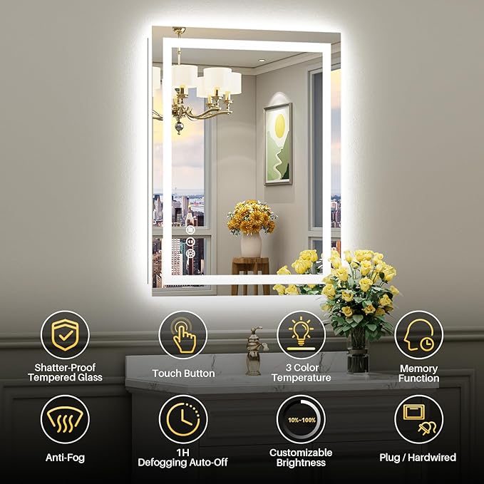 36x36 Inch LED Bathroom Mirror with Lights, Front and Backlit Lighted Vanity Mirror for Bathroom Wall with 3 Colors Dimmable, Anti-Fog, Memory, HD Tempered Glass, Shatter-Proof